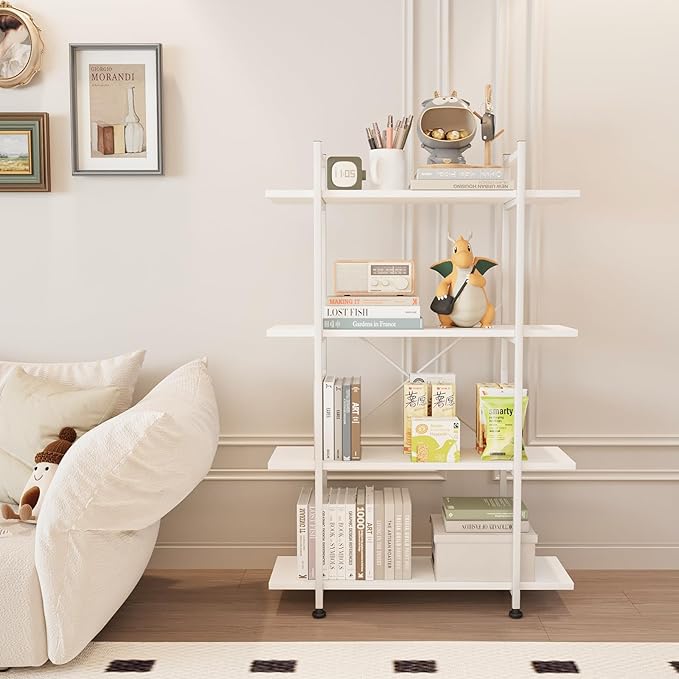 Bookshelf 4 Tiers White Wooden Storage Shelf, Modern Open Display Storage - Image 3