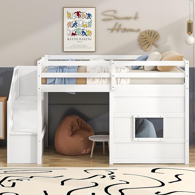 Twin Size Loft Bed with Storage Staircase and Window, Wood Twin Loft Bunk - Image 3