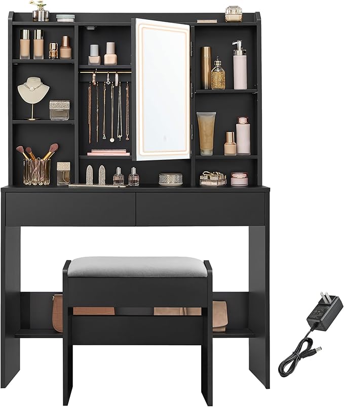 VASAGLE Vanity Desk with Mirror and Lights, Makeup Vanity with Upholstered by VASAGLEbySONGMICSHOME