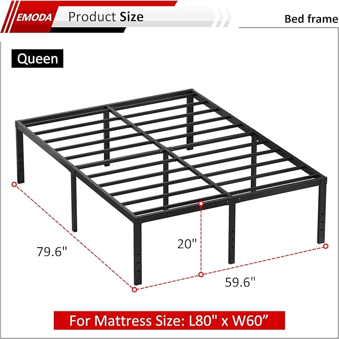 EMODA 20 Inch Queen Bed Frame No Box Spring Needed Heavy Duty Metal Tall - Image 3
