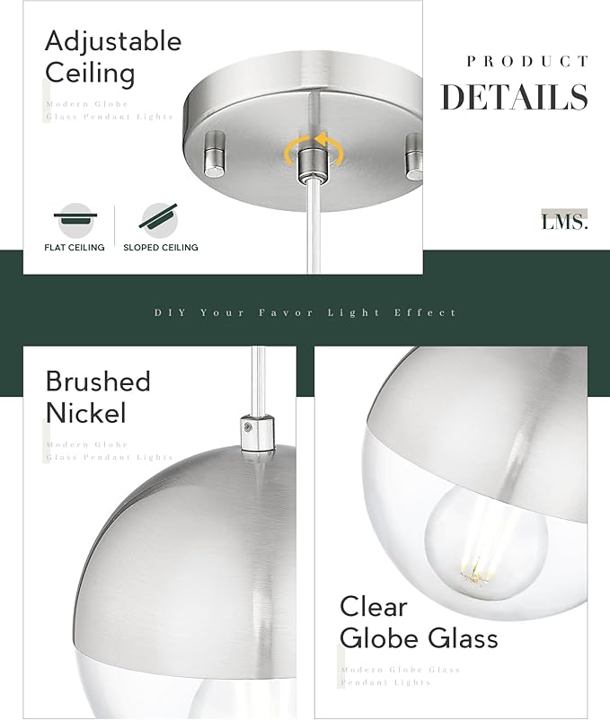 LMS 6-inch Industrial Pendant Light, Brushed Nickel Hanging Light Kitchen Island - Image 2