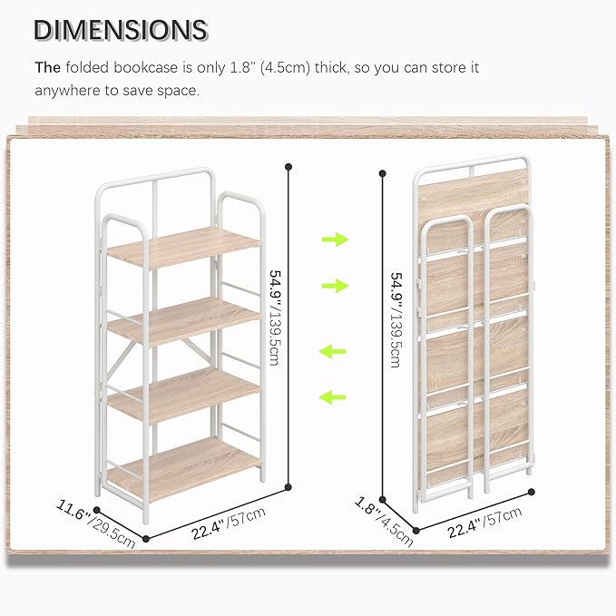 4NM No Assembly Folding Bookshelf 4 Tiers Vintage Industrial White Book Shelf - Image 2