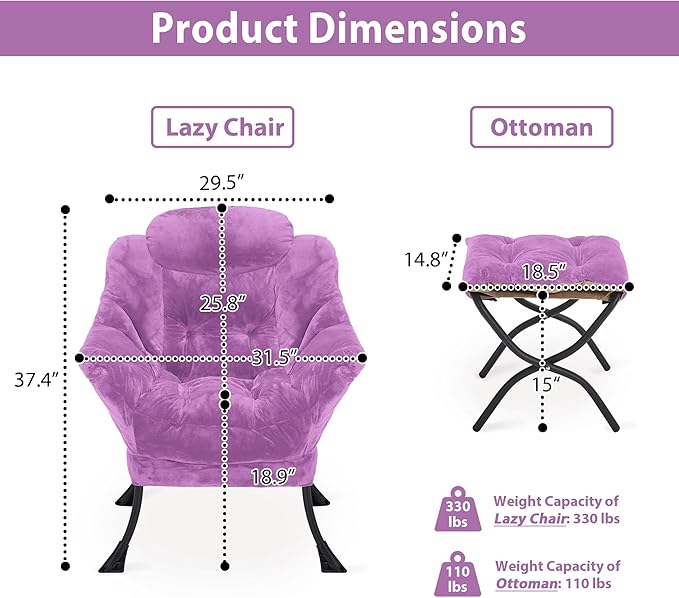 Lazy Chair with Folding Ottoman, Accent Chair Plush Upholstered with Metal - Image 3