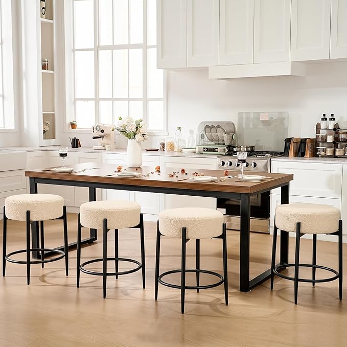 Dining Room Chairs Set of 6, 23.6" Sherpa Backless Beige Boucle Dining Chair - Image 7