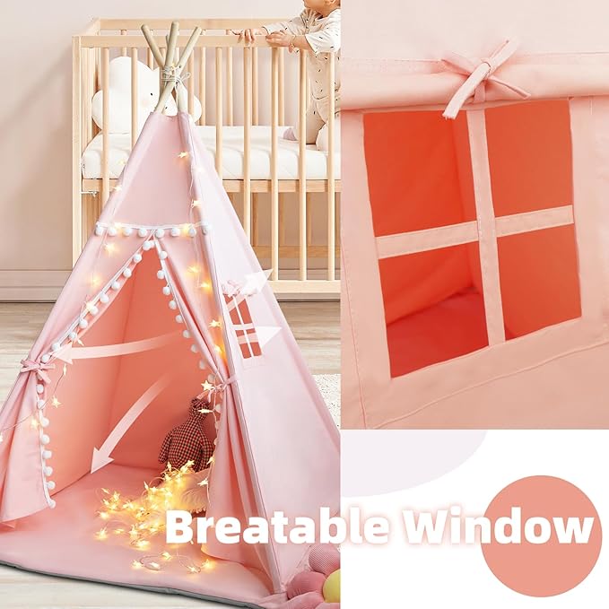 Teepee Tent for Kids with Mat, Star Lights, Carry Case, Cotton Canvas Playhouse - Image 6