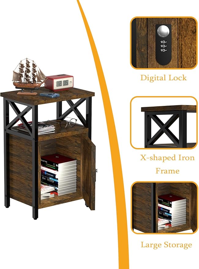 Night Stand with Locking Drawer, Bedside Table with Drawers, Wooden Bed Side - Image 4