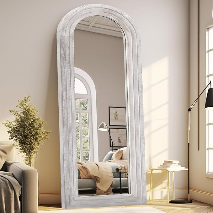 Arched Full Length Mirror with Solid Wood Frame, 65x22 Farmhouse Wall Mirror by ZHUNFA