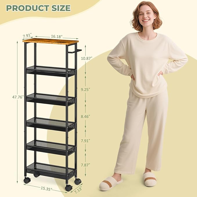 6 Tier Slim Storage Cart with Handle, Rolling Kitchen Laundry Room Storage Cart - Image 2