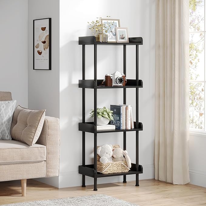Hosfais Small Wooden Bookcase, 4-Tier Black Rustic Etagere Bookshelf - Image 8