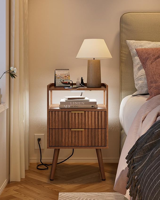 Nightstand with Charging Station and LED Lights, Modern Bedside Table with - Image 7
