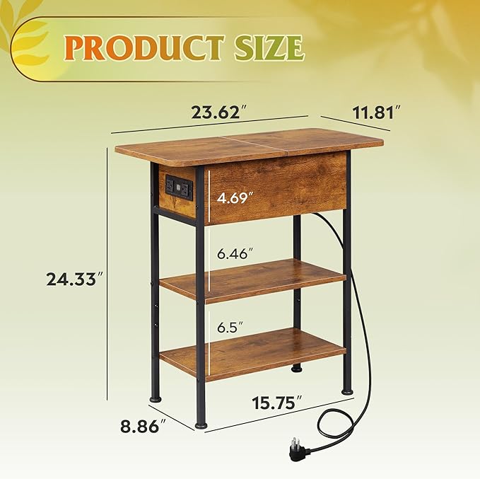 WLIVE End Table with Charging Station, Flip Top Side Table with Storage Shelf - Image 3