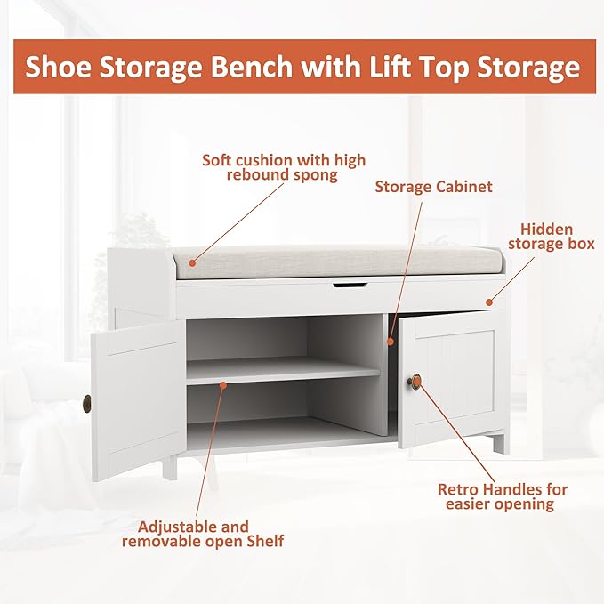 HOMEFORT 30" Shoe Bench with Lift Top Storage, Entryway Bench with Cushioned - Image 9