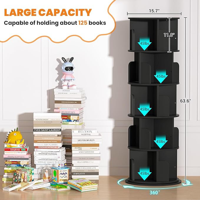 Rotating Bookshelf Tower, 5 Tier Spinning Bookcase, Revolving 360 Book Shelf - Image 3