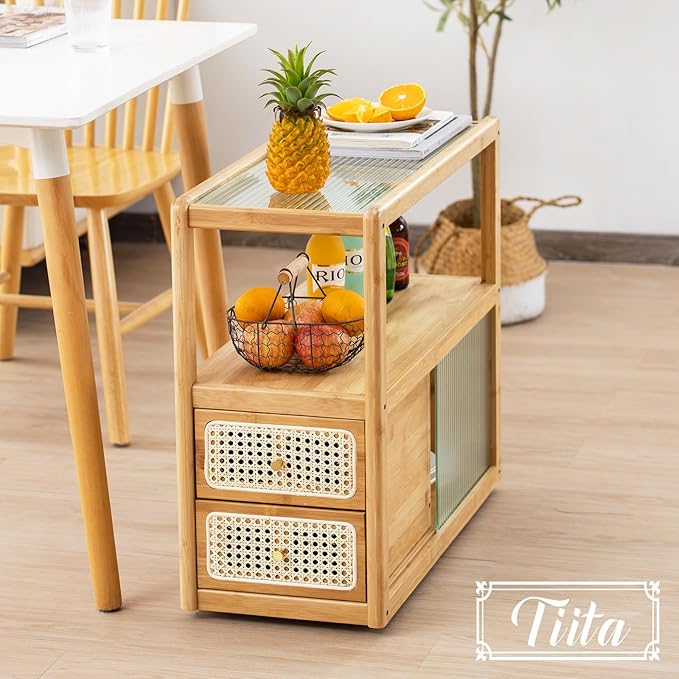 Tiita Rattan Nightstand Side Table, Bamboo Accent Bedside Tables, Glass Coffee - Image 6