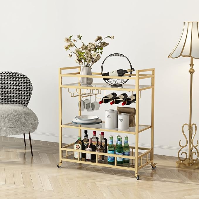 Bar Cart Gold with Bottle Storage and Wine Glass, Rolling Serving Bar Cart on - Image 2