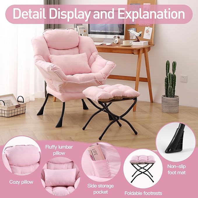 Lazy Chair with Ottoman, Modern Accent Chair with Lumbar Pillow, Comfy Chairs - Image 4