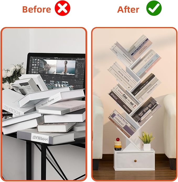 8 Tier Tree Bookshelf with Drawer, Free Standing Wood Bookcase - Image 9