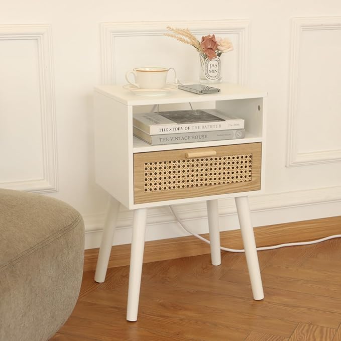 MaxSmeo Nightstand with Charging Station, Bedside Tables with Rattan Drawer - Image 2