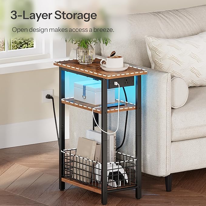 HOOBRO Narrow Side Table with Charging Station and LED Light, Small End Table - Image 3
