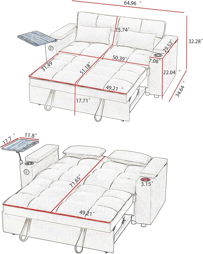 3 in 1 Queen Loveseat Convertible Sofabed Modern Living Room Multifunctional - Image 3