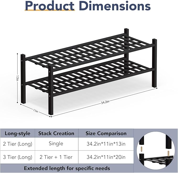 Haddockway Long 2 Tier Bamboo Shoe Rack Storage Organizer, Small Space - Image 3