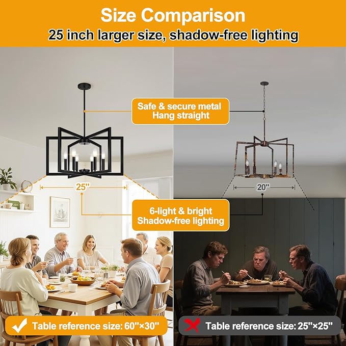 25" Modern Black Chandelier for Dining Room, Geometric Black Dining Room Light - Image 7