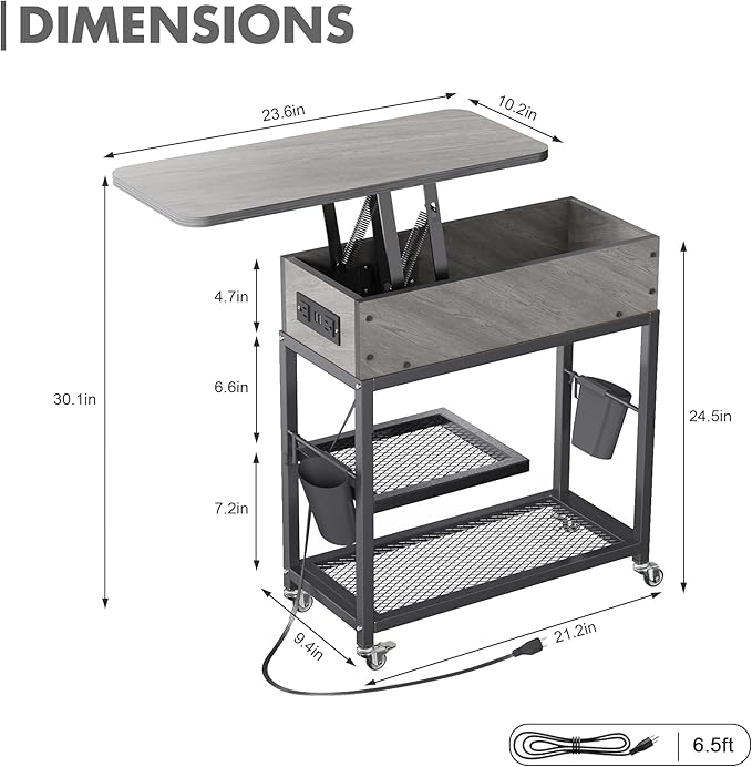 Colima Lift Top End Table with Charging Station and Wheels, Sofa Side Table - Image 3
