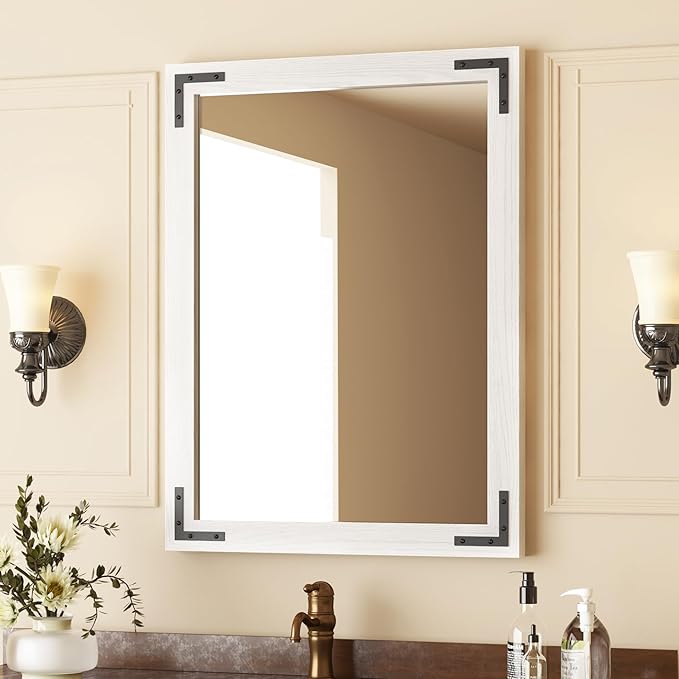 VocalStar White Wood Framed Mirror 24 x 36 Inch, Rustic Natural White Wooden by VOCALSTAR
