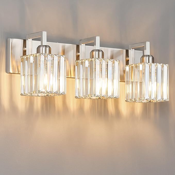 Modern Bathroom Vanity Light 3-Lights Brushed Nickel Vanity Light Crystal Wall - Image 8