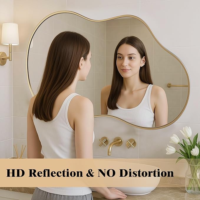 WEER Irregular Wall Mirror, 26x46 inch Gold Asymmetrical Mirror Wall Mounted - Image 5