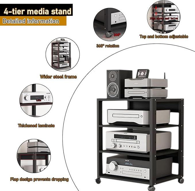 4 Tier Audio Rack Tower, CD Record Player Stereo Receiver AV Equipment Cabinet - Image 3