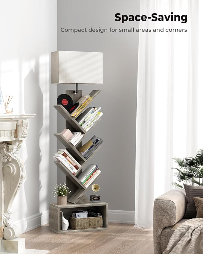 6 Tier Tree Bookshelf with Light, Narrow Bookcase Tower, Tall Floor Standing - Image 6