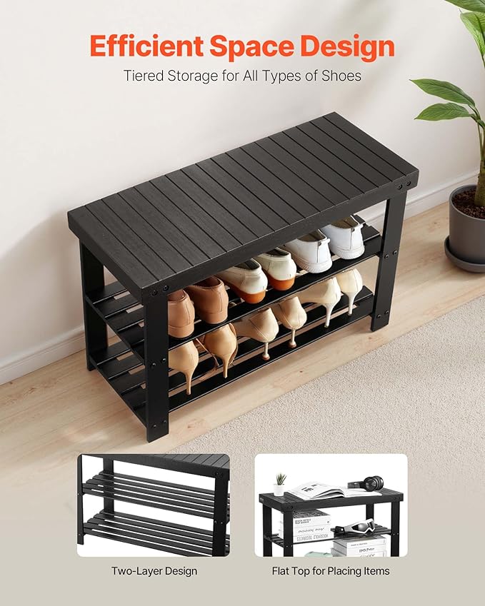 VEVOR Shoe Rack Bench, 3-Tier Bamboo Entryway Bench, Shoe Storage Organizer - Image 6