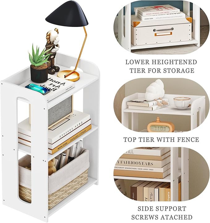 3 Tier End Table Nightstand White, Small Bookshelf - Image 6