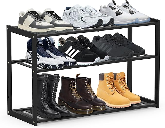 Bamboo Shoe Rack for Entryway, Stackable 3 Tier Shoe Organizer Shelf Storage by Jripae