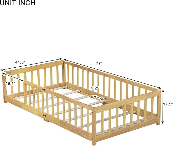 Bellemave Twin Floor Bed with Slats and Safety Guardrails, Kids Montessori - Image 3