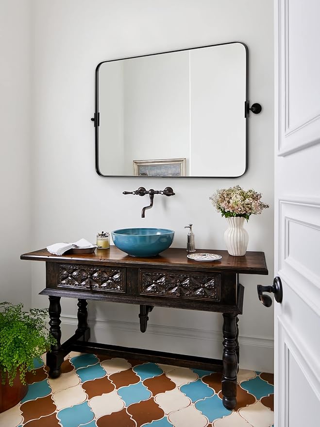 MOON MIRROR 30" x 22" Matte Black Rectangle Bathroom Mirror, Tilting Rounded - Image 7