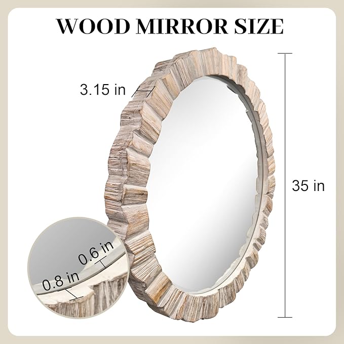 35" Wood Round Mirror, Rustic Wall Mirror - Image 3