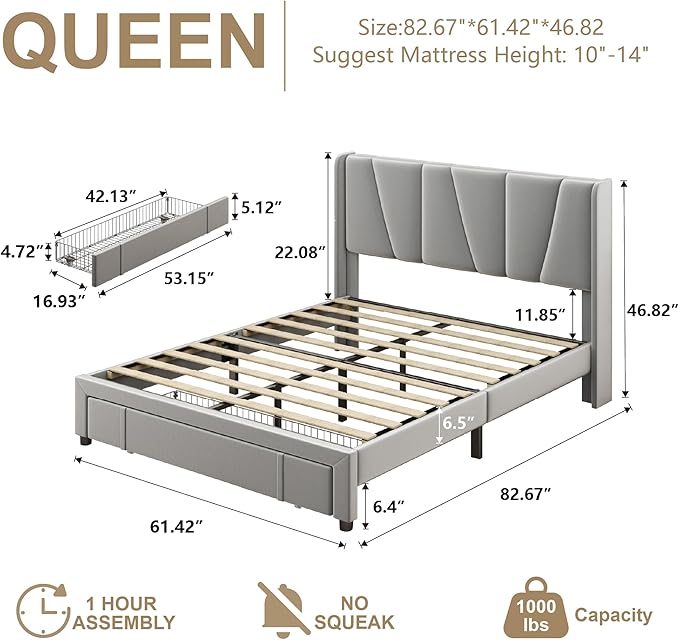 Queen Bed Frame with Storage Drawers, Upholstered Platform Bed with Headboard - Image 2
