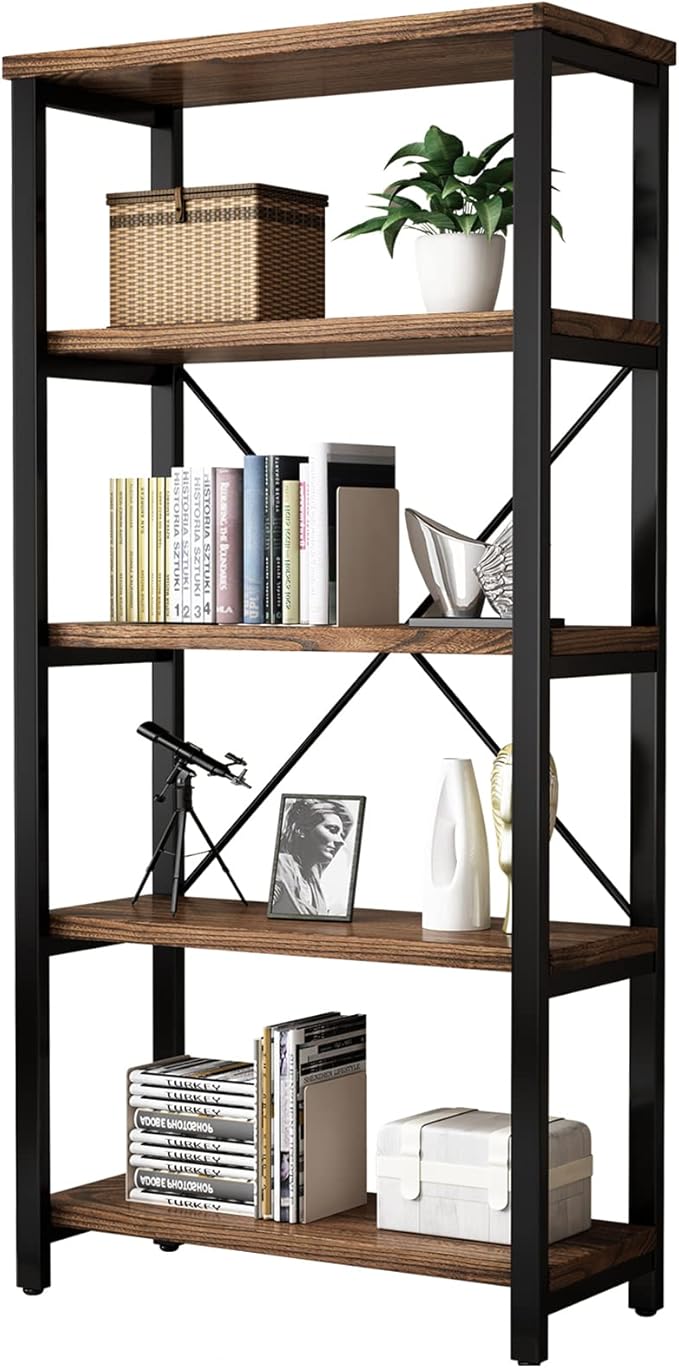 5 Tier Industrial Solid Wood Bookshelf, Open Etagere Bookcase - Image 7