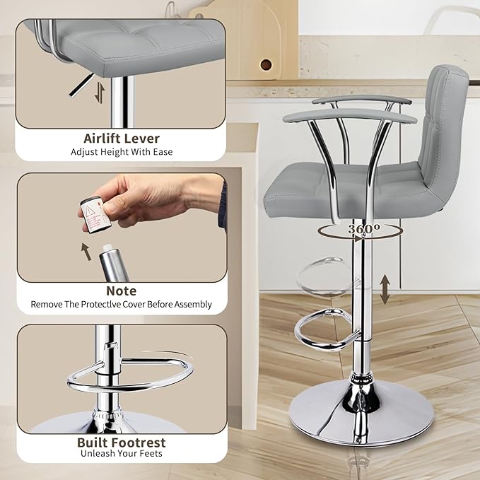 Bar Stools Set of 2, Armrest Adjustable Swivel Barstools - Image 5