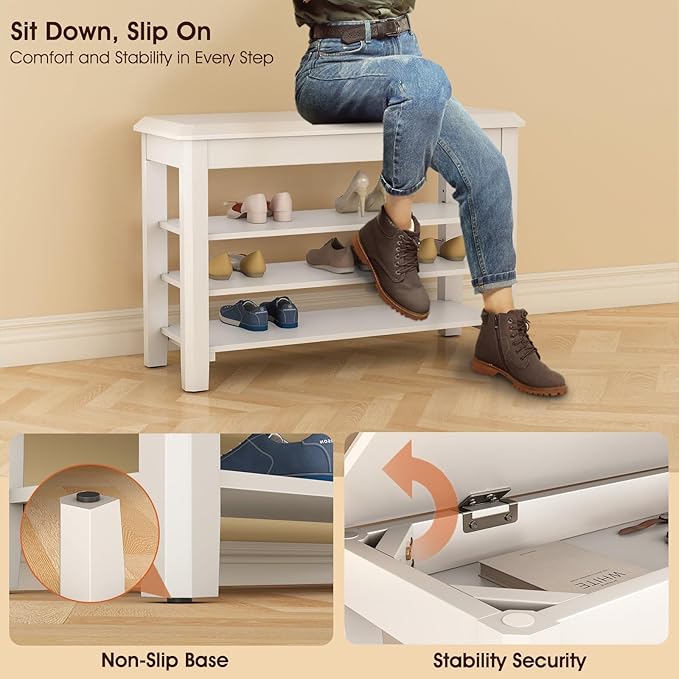 Shoe Rack Bench Seat Rubberwood 3-Tier Wooden Storage Bench 550lbs Compact - Image 7