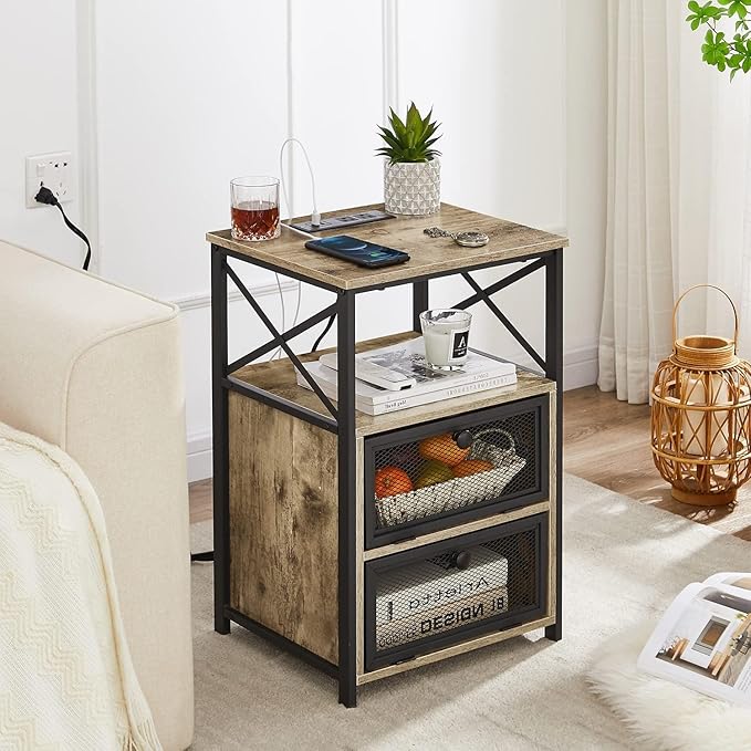 VECELO Grey End Table with USB Ports and Outlets, 24 Inch Nightstands with - Image 2
