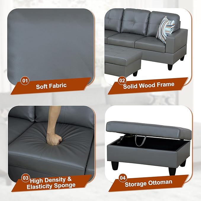 Osparple L Shaped Couch PU Leather Sectional Couches - Image 5