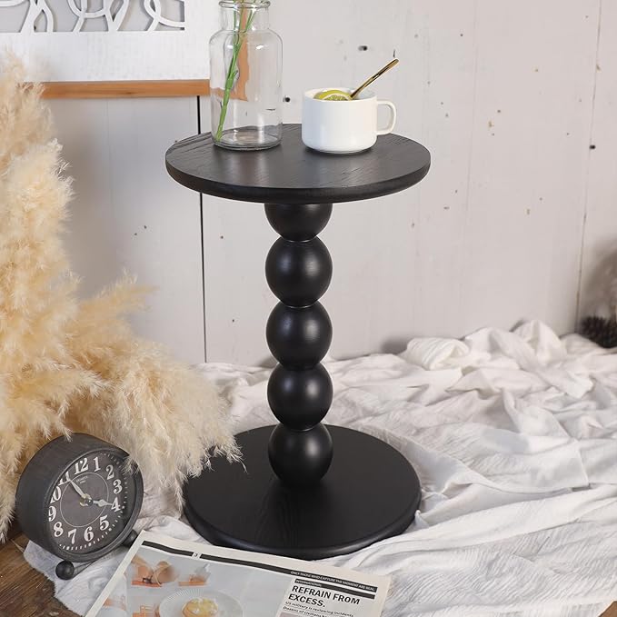 Round Wooden Side Table with Stacked Ball Pedestal Base, Accent Nightstand - Image 2