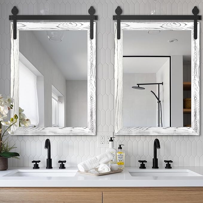 YOSHOOT Farmhouse Barn Door Mirror, Wooden Farmhouse Style - Image 3