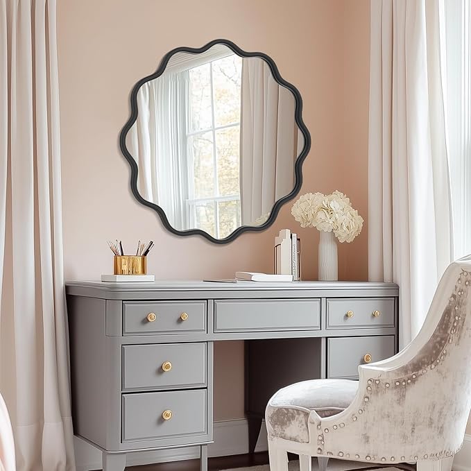 PROHOMEWARE Black Round Mirror 28 Inch Wavy Bathroom Vanity Mirror Gold Frame - Image 7