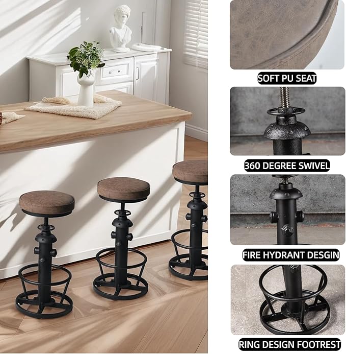 Industrial Bar Stools-Swivel Pu Seat-Vintage Kitchen Island Stool-Counter Bar - Image 4