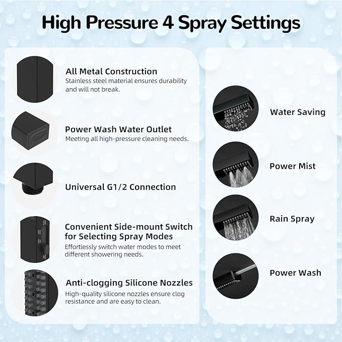 Hibbent All Metal 8'' Rainfall Shower Head, Square Shower Head Combo, High - Image 3