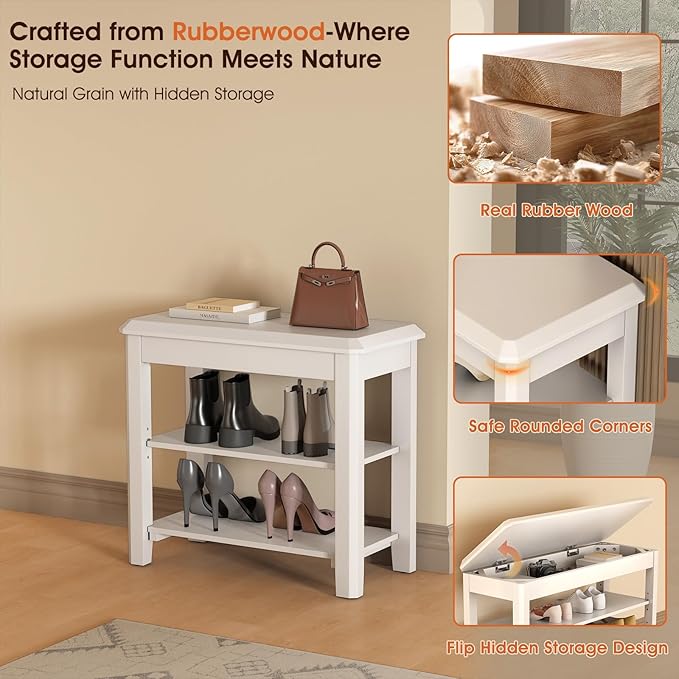 Shoe Rack Bench Seat Rubberwood 2-Tier Wooden Storage Bench 550lbs Compact - Image 6